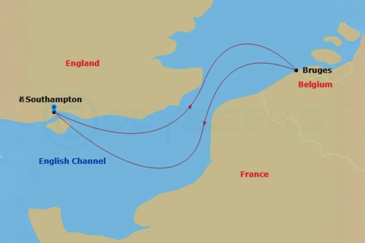 Map showing Disney Dream cruise route from Southampton England across the English Channel to Bruges Belgium and France