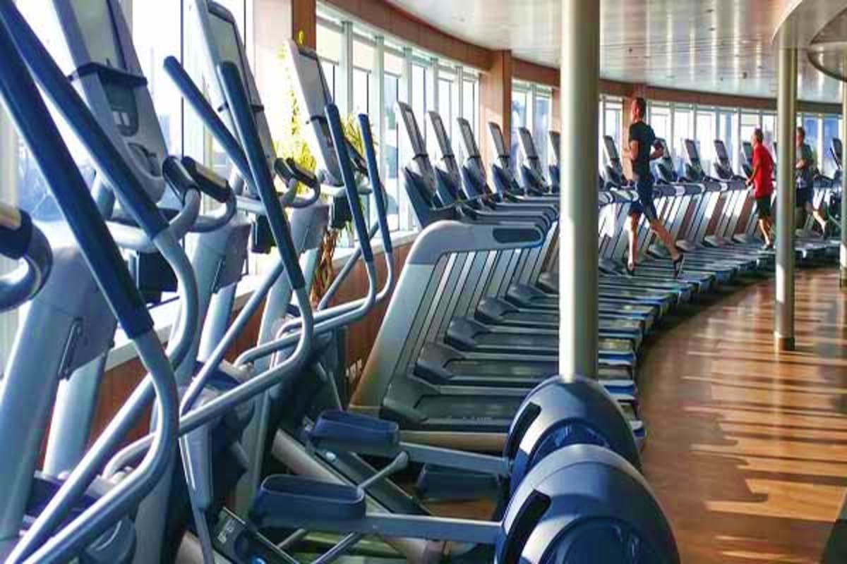 Modern gym with rows of elliptical machines and treadmills overlooking ocean through large windows, with people exercising in