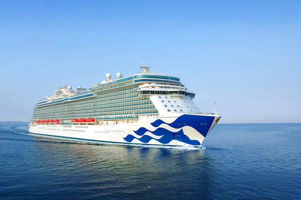 Large Princess cruise ship with blue wave logo on hull sailing in calm blue ocean waters under clear sky