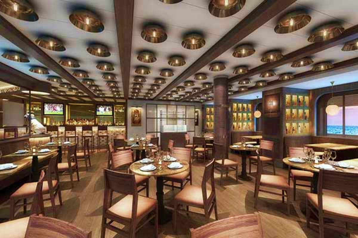 Elegant cruise ship dining room with wood paneling, recessed ceiling lights, multiple round tables with place settings, and o