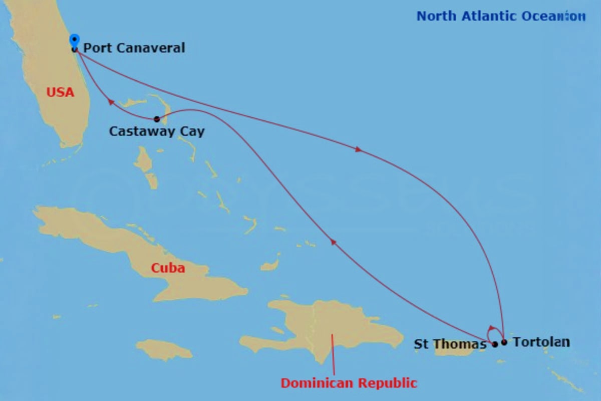 Disney Treasure Eastern Caribbean cruise itinerary map showing Port Canaveral, Castaway Cay, St Thomas, and Tortolan ports of