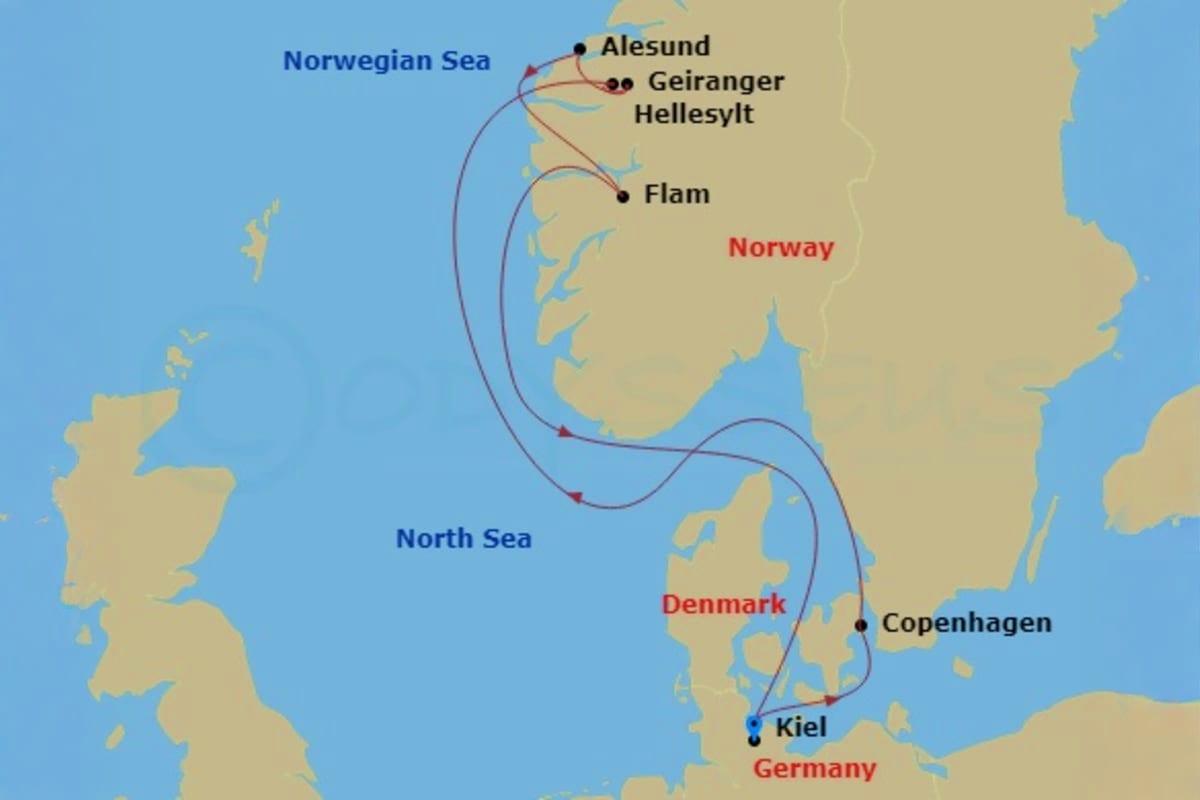 Cruise route map showing MSC Euribia Nordic Journey itinerary with ports in Norway, Denmark, and Germany across the Norwegian