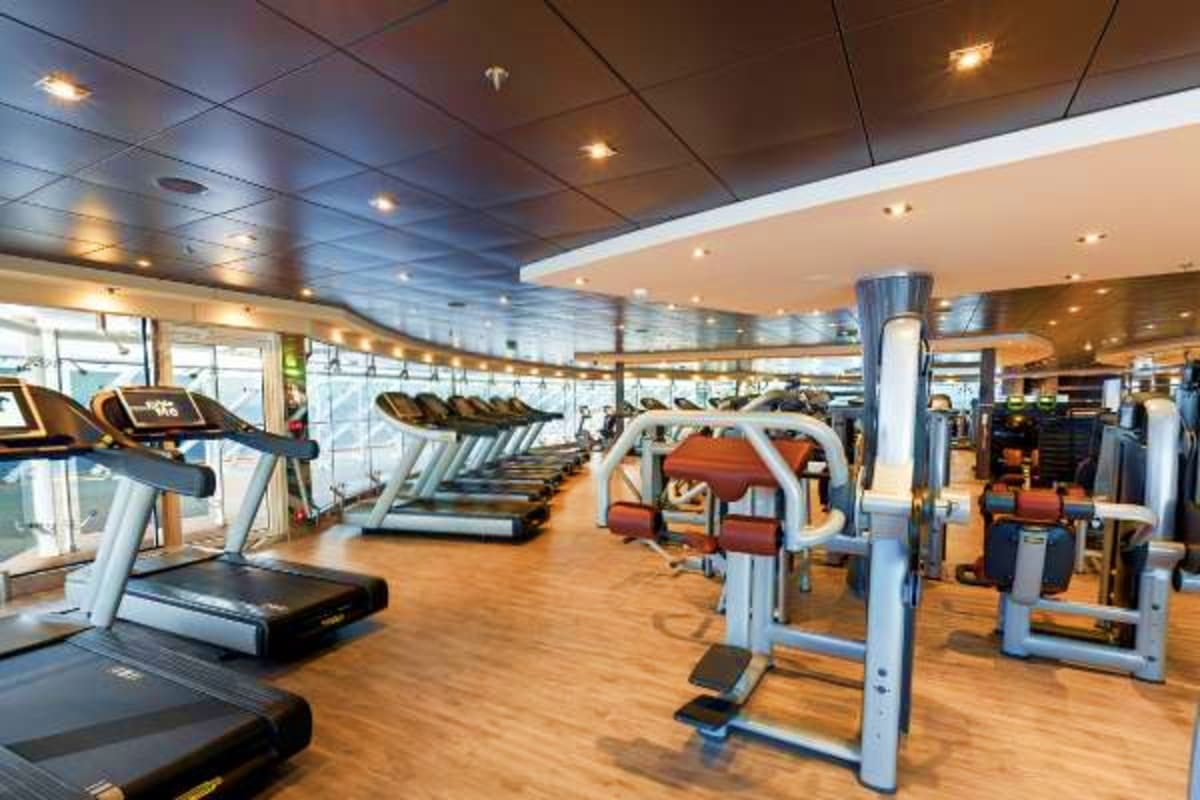 Modern cruise ship gym with treadmills, exercise machines, wood flooring, and large windows overlooking the ocean