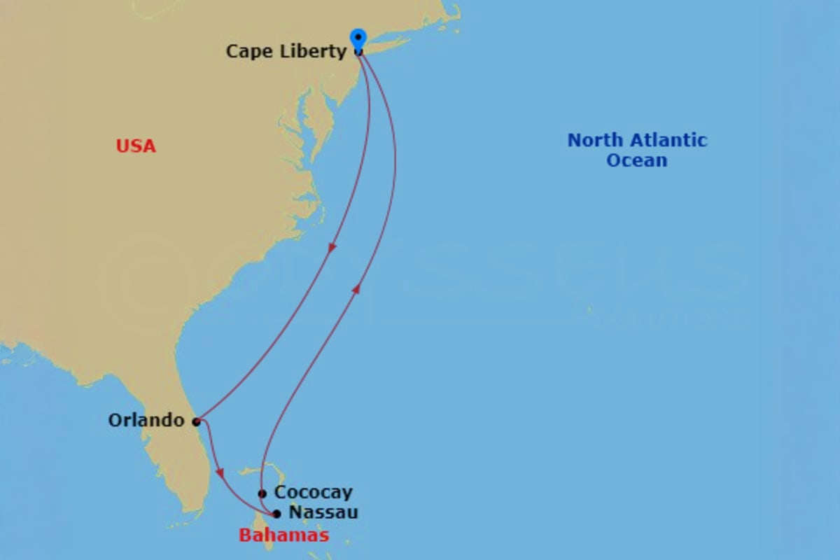 Map showing Oasis of the Seas cruise route from Cape Liberty to Orlando with stops in Bahamas including Nassau and Cococay in