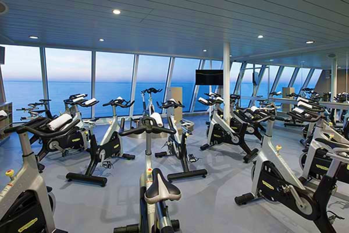 Modern ship gym with stationary bikes and cardio equipment overlooking ocean and blue horizon through floor-to-ceiling window