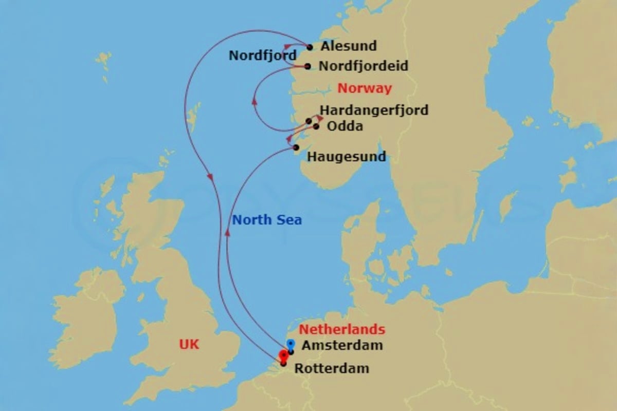Nieuw Statendam Norway Voyage Map showing Nieuw Statendam cruise route between Norwegian fjords (Nordfjord, Hardangerfjord, Alesund) and Netherlands ports