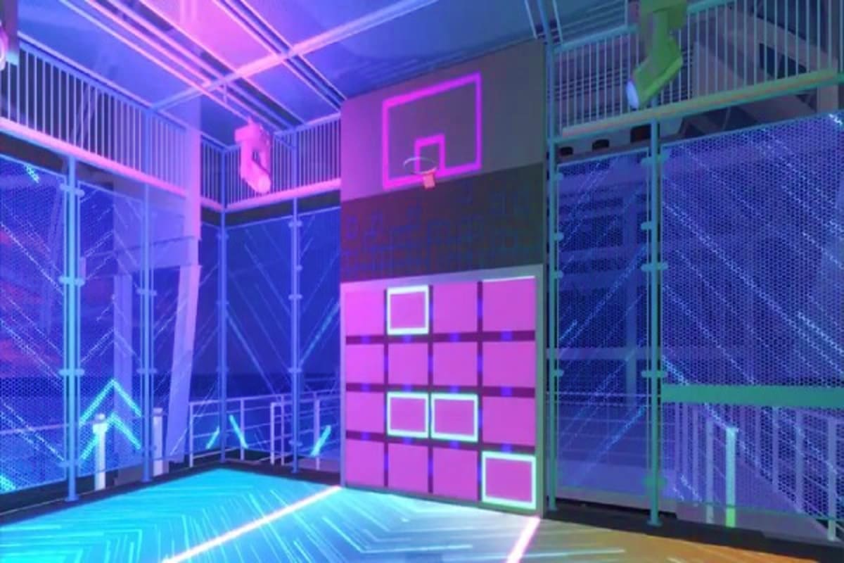 Futuristic neon-lit indoor basketball court with glowing pink hoops, blue and cyan flooring, and colorful LED lighting on Nor