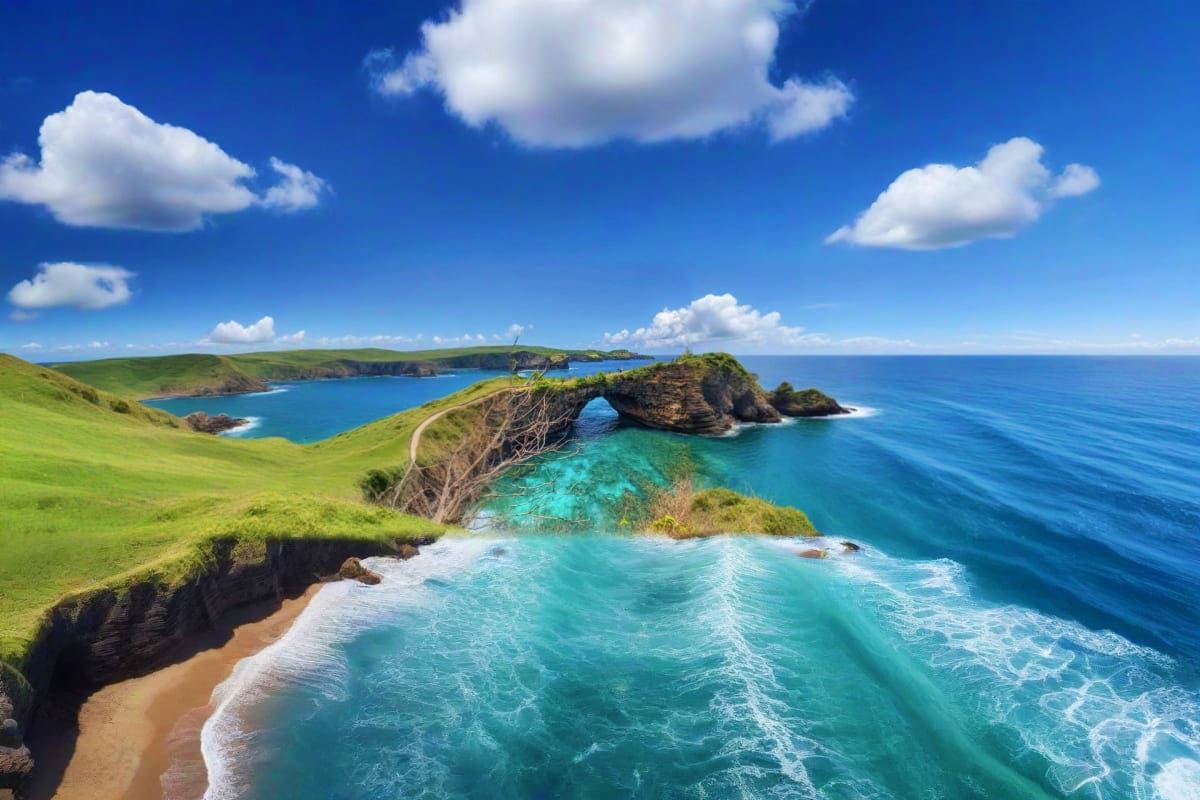 Tropical coastal landscape with turquoise waves, natural rock arch bridge, green rolling hills, and sandy beach under blue sk