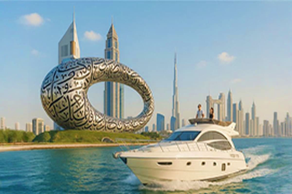 Luxury white yacht in Dubai waters with large ornamental Arabic calligraphy monument and modern city skyline in background