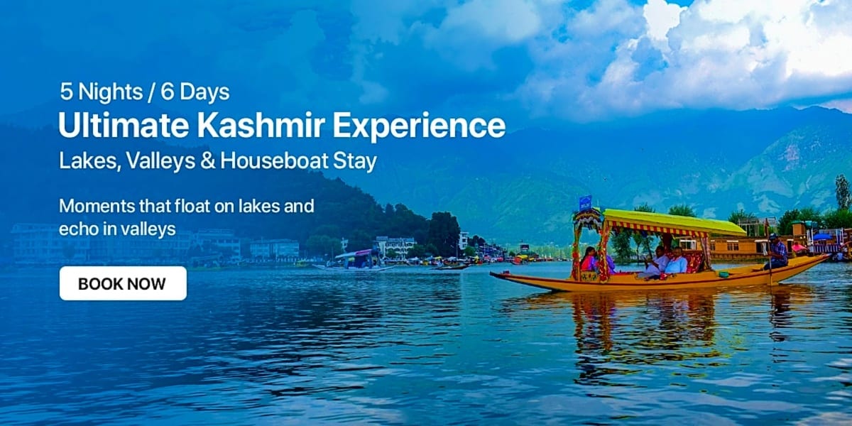 Traditional yellow shikara boat with passengers on Dal Lake in Kashmir, surrounded by mountains and blue water