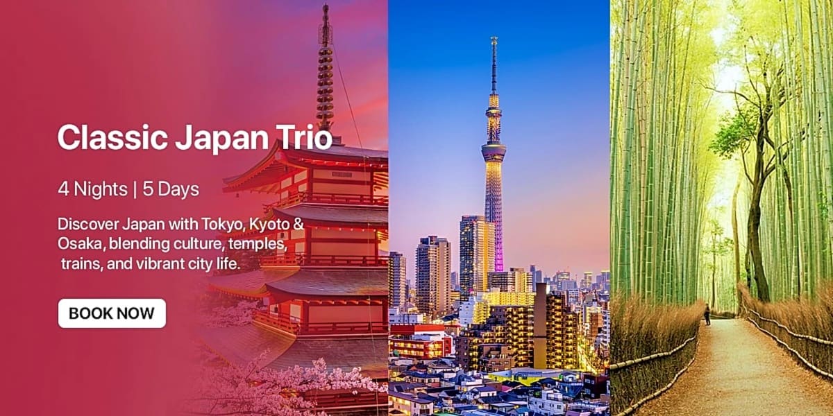 Classic Japan Trio travel package showing Tokyo Tower, red temple pagoda, and bamboo forest path