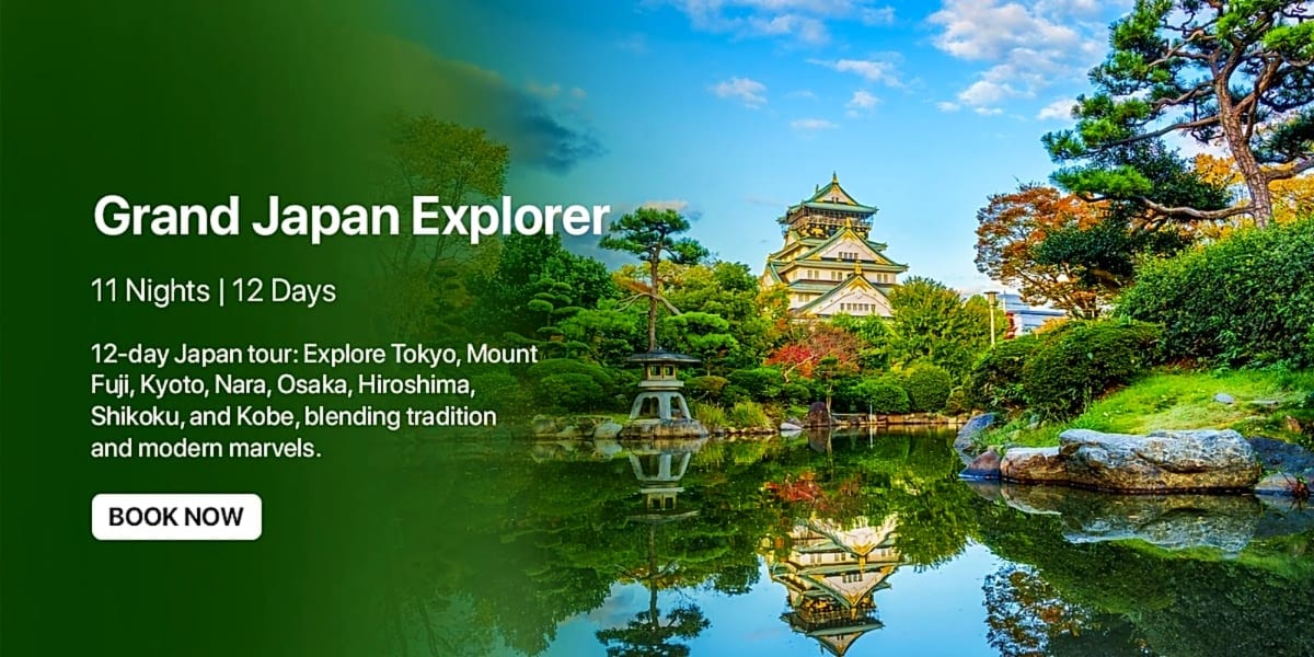 Japanese castle reflected in tranquil pond surrounded by lush green trees and traditional gardens under blue sky