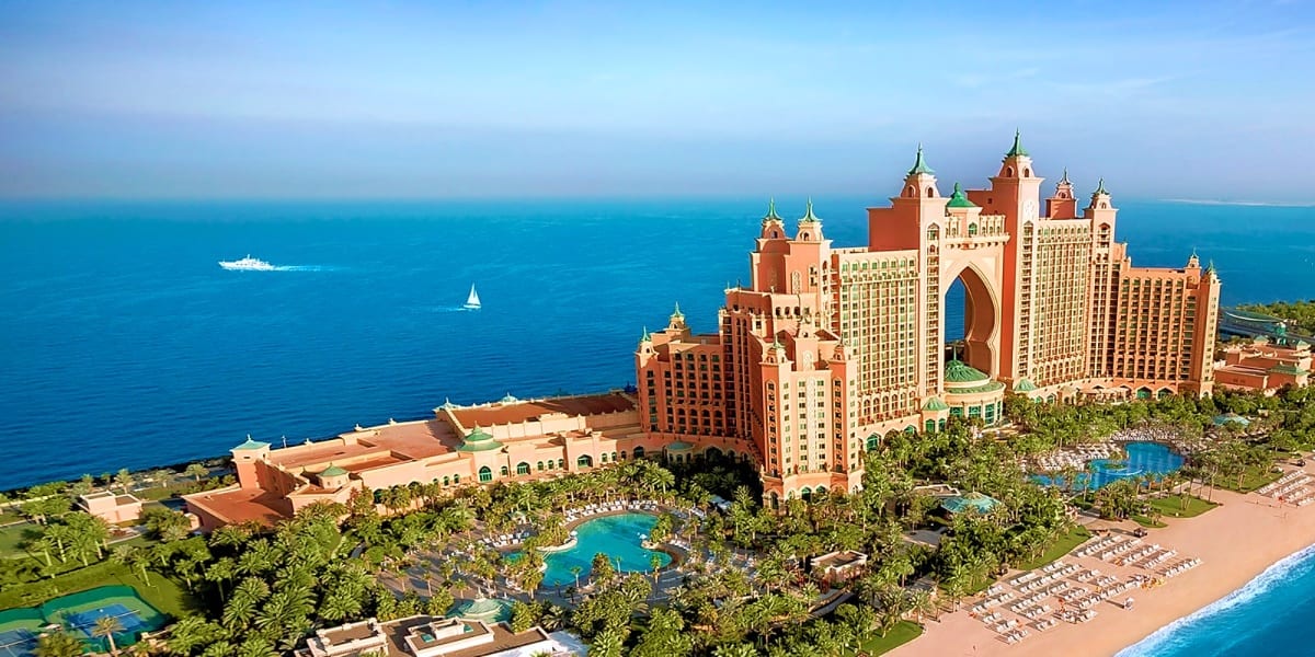 Aerial view of Atlantis The Palm luxury hotel resort in Dubai with Arabian Gulf waters and beach