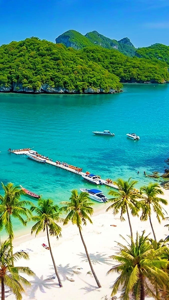 Tropical beach with turquoise water, longtail boats, palm trees, and limestone mountains in background at Koh Samui, Thailand