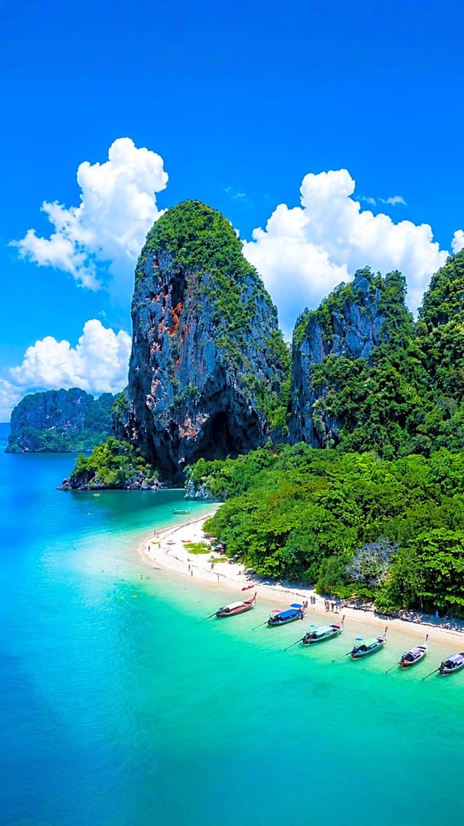 Tall limestone cliffs with lush vegetation rising above turquoise waters and a sandy beach with moored boats in Krabi, Thaila