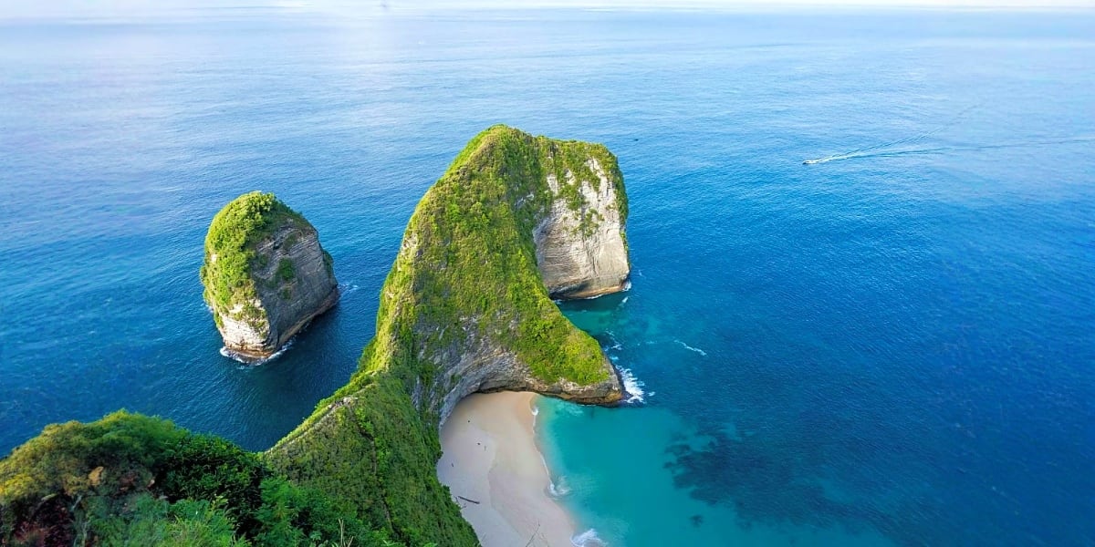 Aerial view of Kelingking Beach in Bali with dramatic limestone cliffs covered in green vegetation and turquoise ocean waters