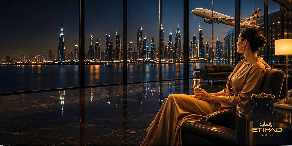 Woman in gold dress holding champagne glass overlooking Dubai skyline at night with airplane flying overhead