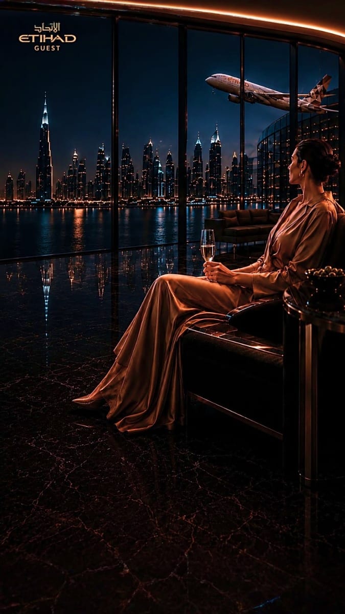 Woman in gold dress holding champagne gazes at nighttime city skyline and Etihad aircraft from high-rise window overlooking w