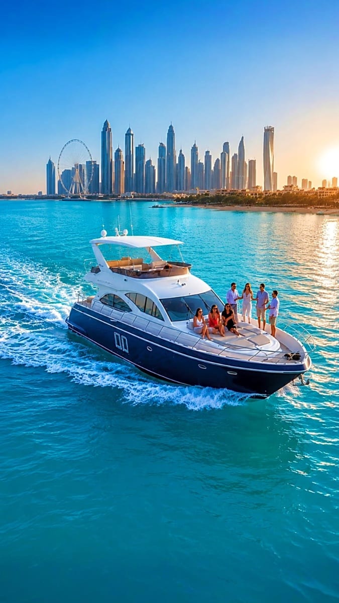 Luxury yacht with passengers in turquoise Arabian Gulf waters, Dubai Marina skyline and Ferris wheel at sunset
