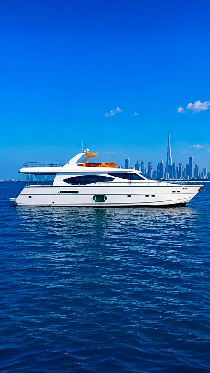 Luxury white motor yacht with orange accents anchored in blue water with Dubai skyline in background