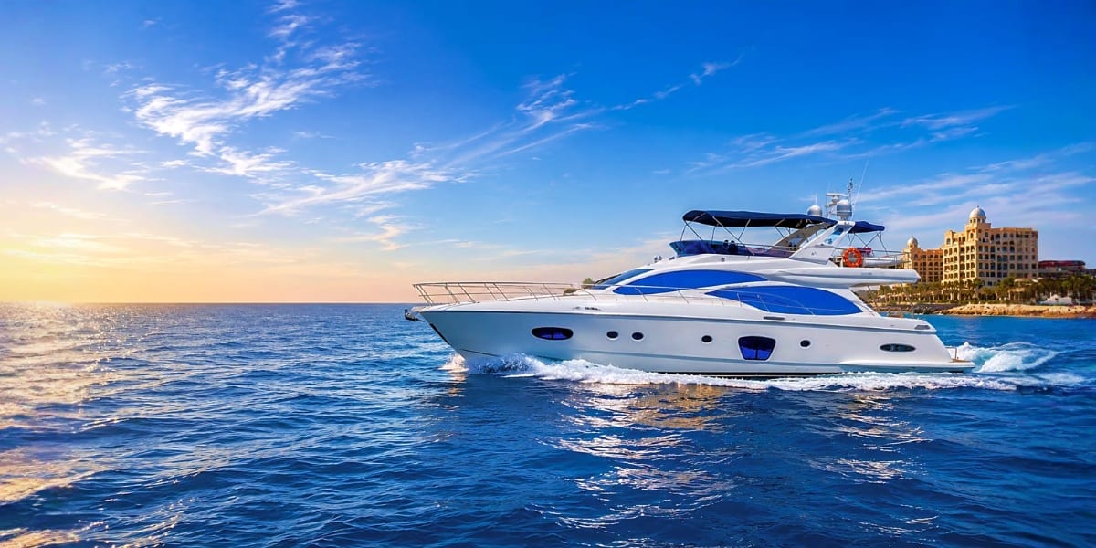 Luxury white and blue motor yacht cruising in calm blue ocean waters at sunset with beachfront resort buildings visible on sh