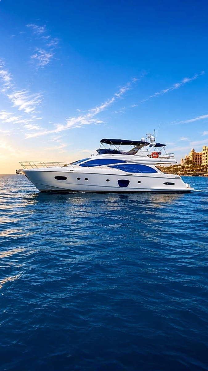 White and blue luxury yacht anchored in clear turquoise water with coastal resort buildings visible in background under blue 