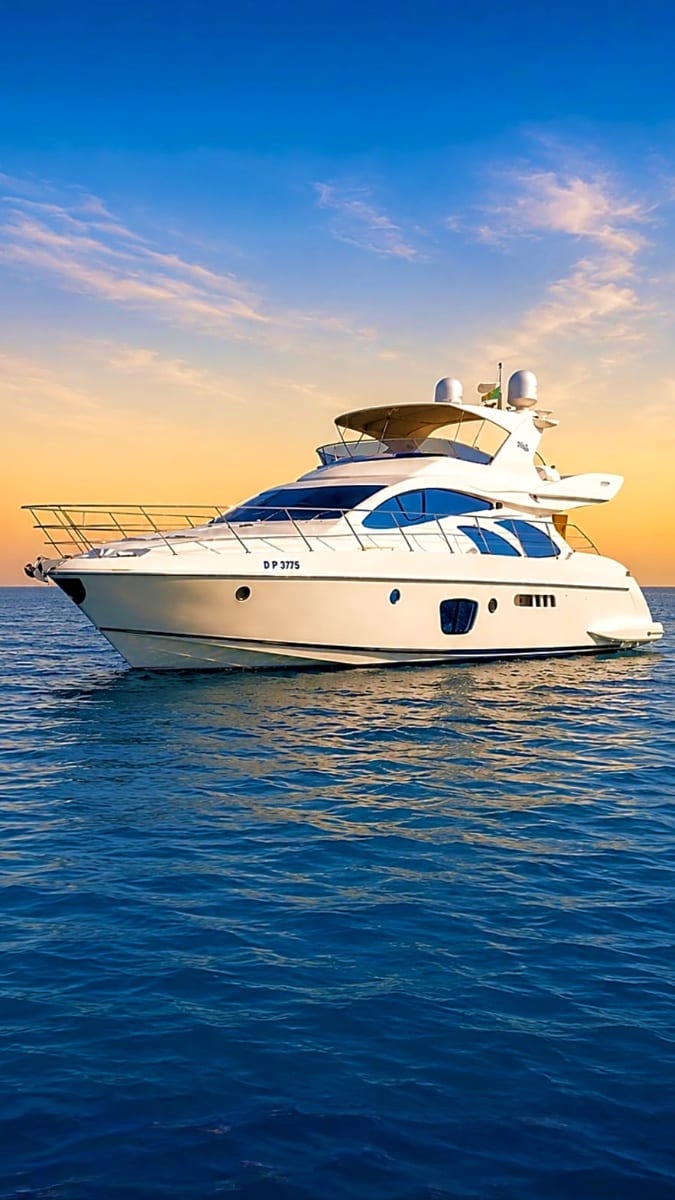 Luxury white and blue motor yacht anchored in calm blue ocean at sunset with clear sky