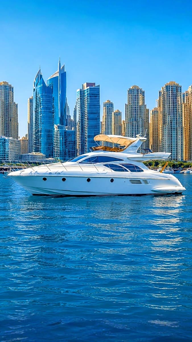 Luxury white motor yacht anchored in blue water with Dubai Marina skyline and high-rise buildings in background