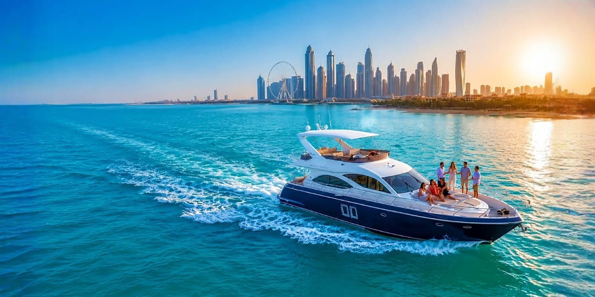 Luxury yacht with passengers in turquoise waters off Dubai coastline at sunset, with Burj Khalifa and city skyline visible