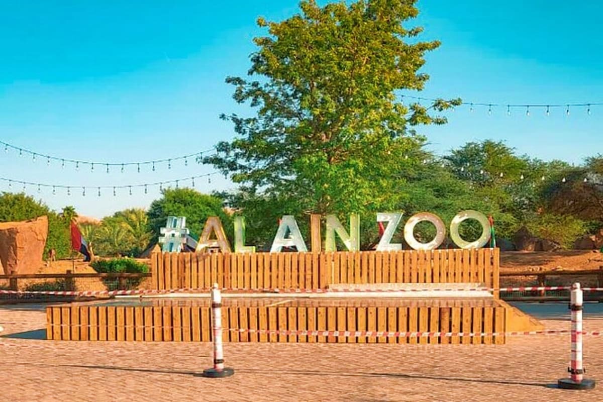 Al Ain Zoo entrance sign with wooden fence and palm trees under clear blue sky