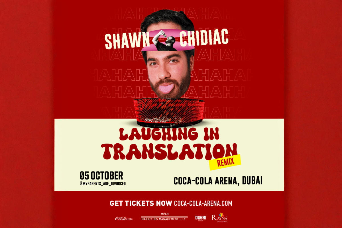 Shawn Chidiac comedy tour poster for "Laughing in Translation Remix" at Coca-Cola Arena Dubai on October 5
