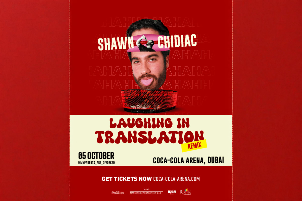 Shawn Chidiac promotional poster for Laughing in Translation Remix tour at Coca-Cola Arena Dubai on October 5