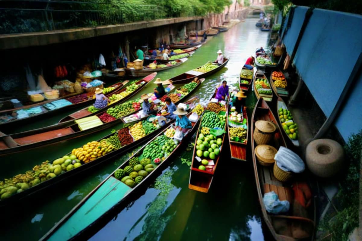 Aerial view of Pattaya Floating Market with multiple wooden boats loaded with fresh produce and vegetables in narrow canal wa