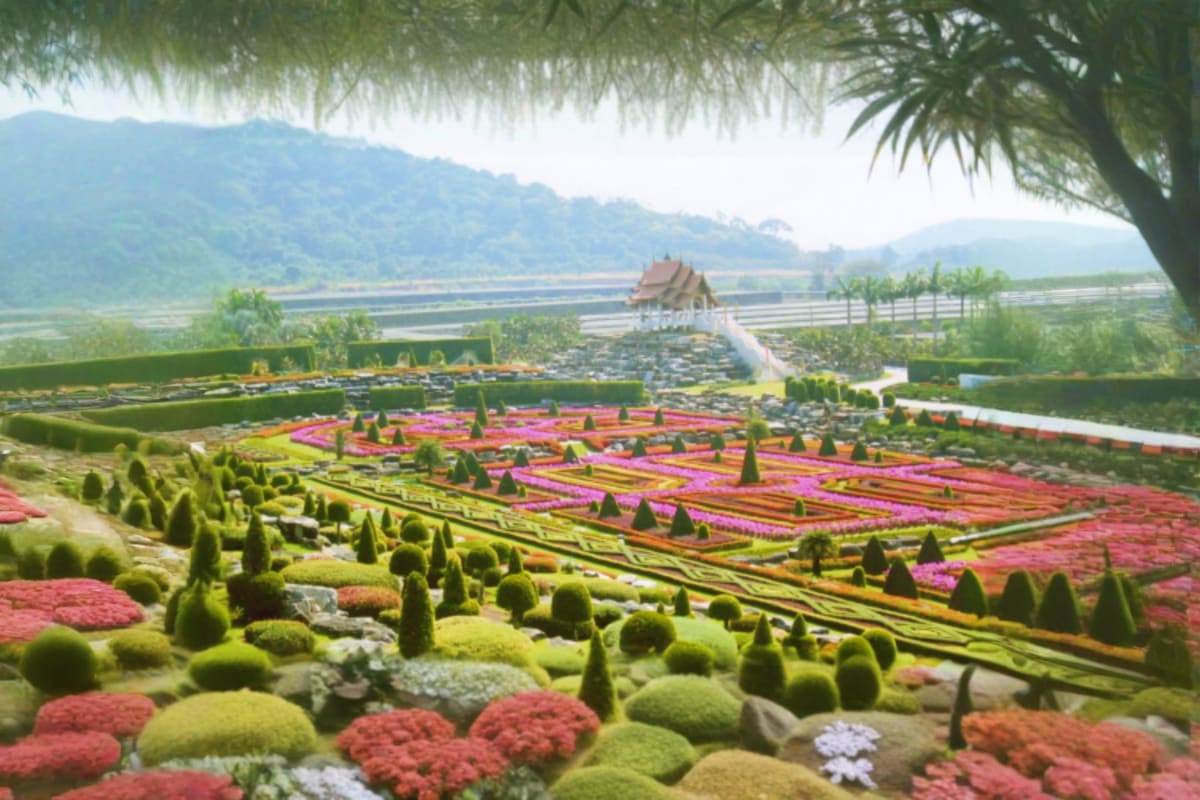 Aerial view of Nong Nooch Tropical Garden with colorful flower beds, manicured hedges, Thai temple, and mountain landscape in