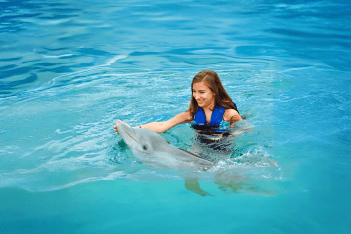 Girl wearing blue life vest swimming with a dolphin in clear blue pool water at Dolphinarium Pattaya