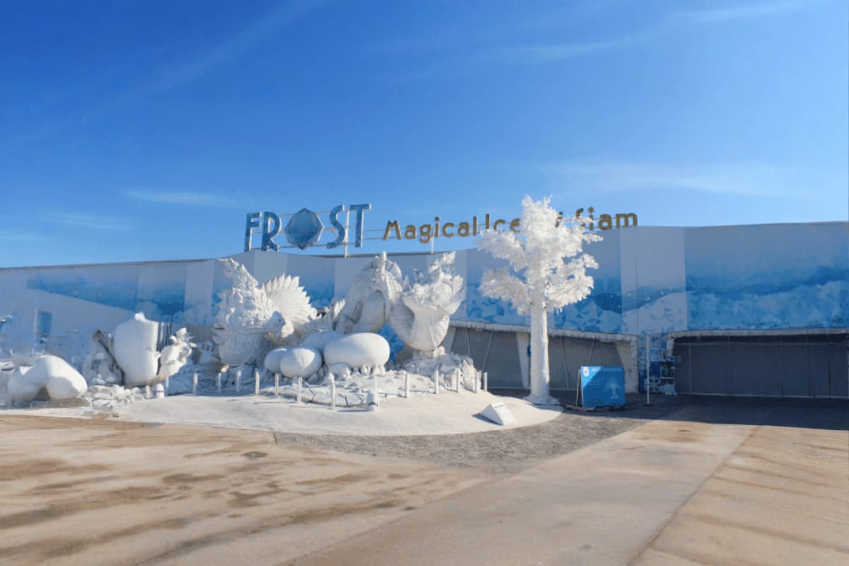 Frost Magic ice palace attraction in Pattaya with white frozen sculptures and ice installations outside modern building under