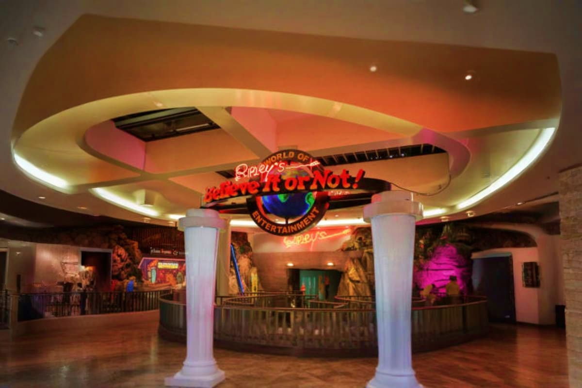 Ripley's Believe It or Not museum entrance with illuminated neon sign, guitar decoration, and curved ceiling with ambient lig