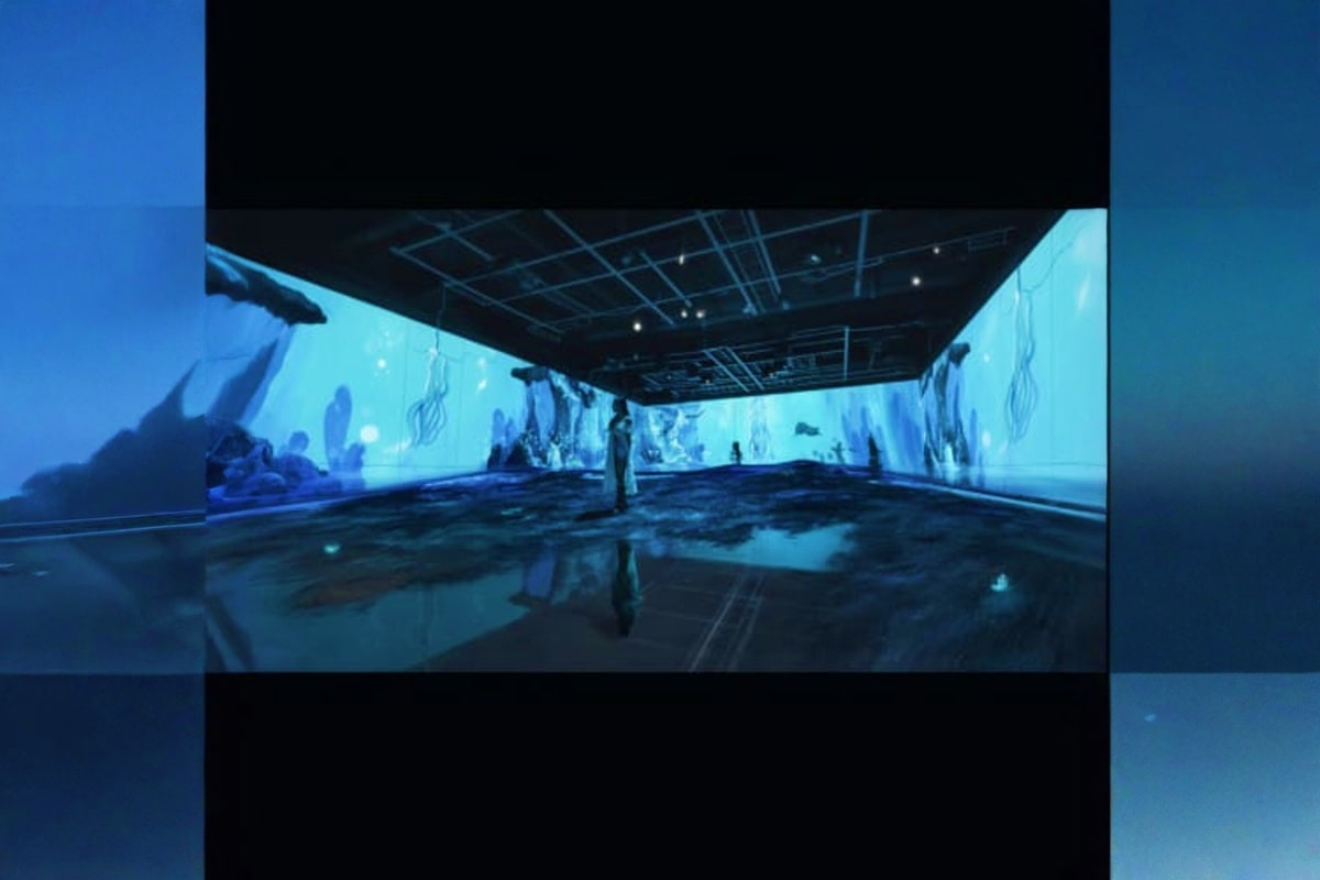 Immersive digital art installation with large screens displaying underwater ocean scenes and swimming figures in a dark galle