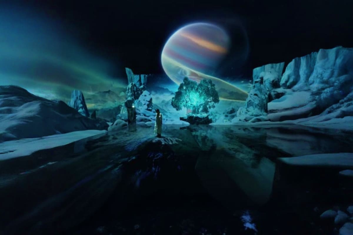 Futuristic alien landscape with icy terrain, glowing crystalline structures, and a massive planet with rings in the night sky