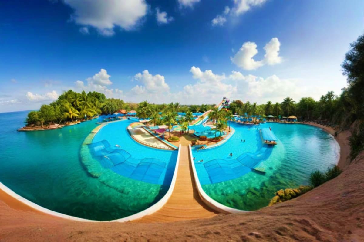 Siam Amazing Park Bangkok Aerial view of Siam Amazing Park with bright blue lagoon pools, water slides, palm trees, and wooden boardwalk surrounded by