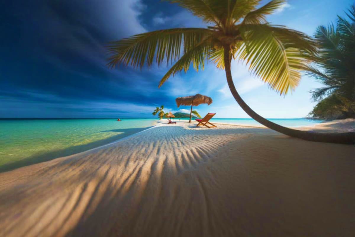 Tropical beach with palm tree framing white sand, turquoise water, and beach chair with umbrella in distance
