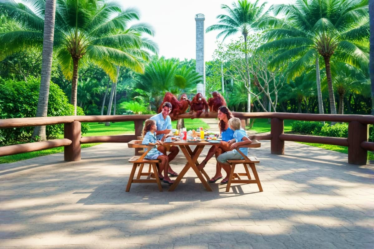 Bali Zoo Family dining at picnic table with orangutans visible in background at Bali Zoo tropical park setting