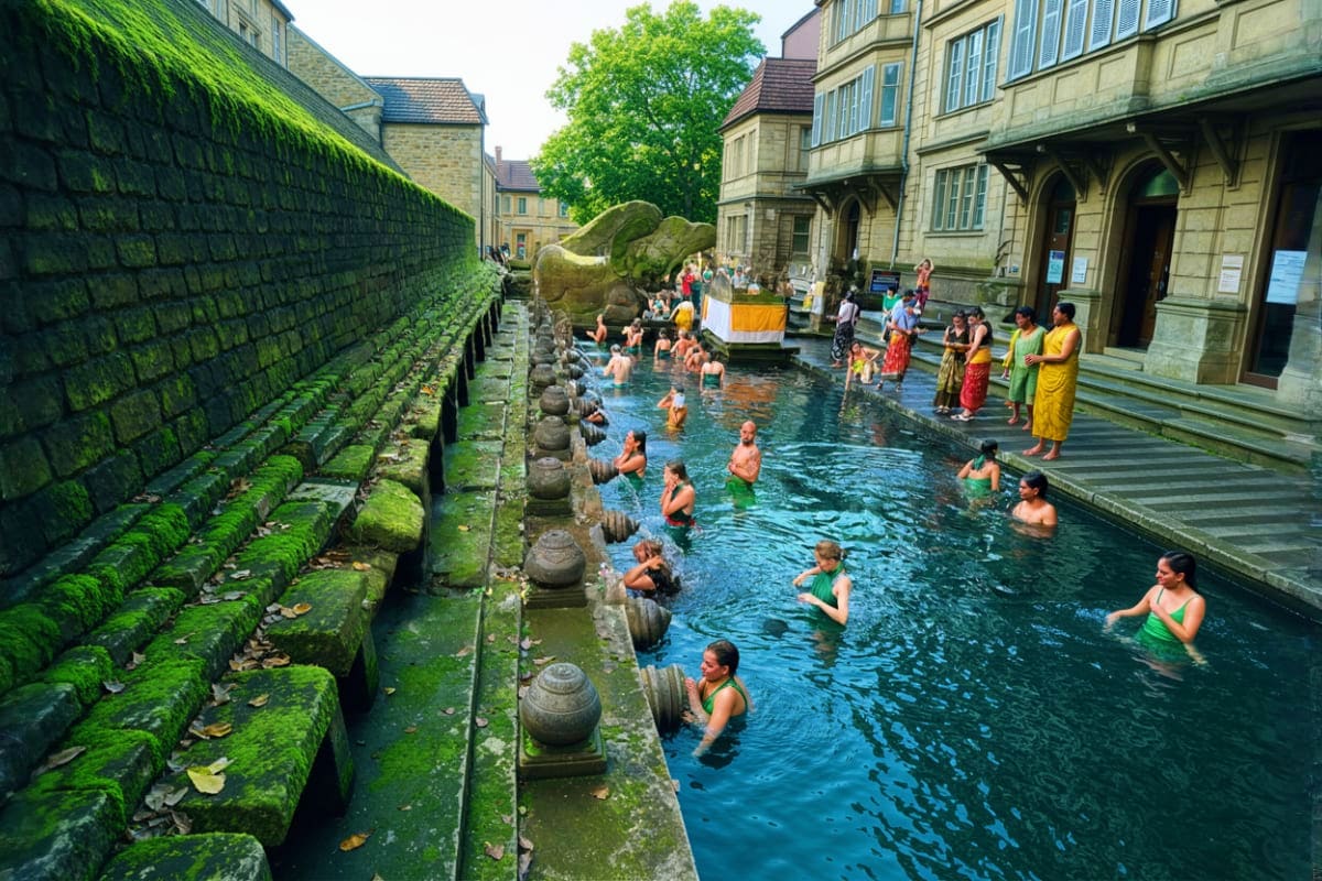 Visitors bathing in sacred spring water pool at Tirta Empul temple with ornate stone carvings and moss-covered walls surround