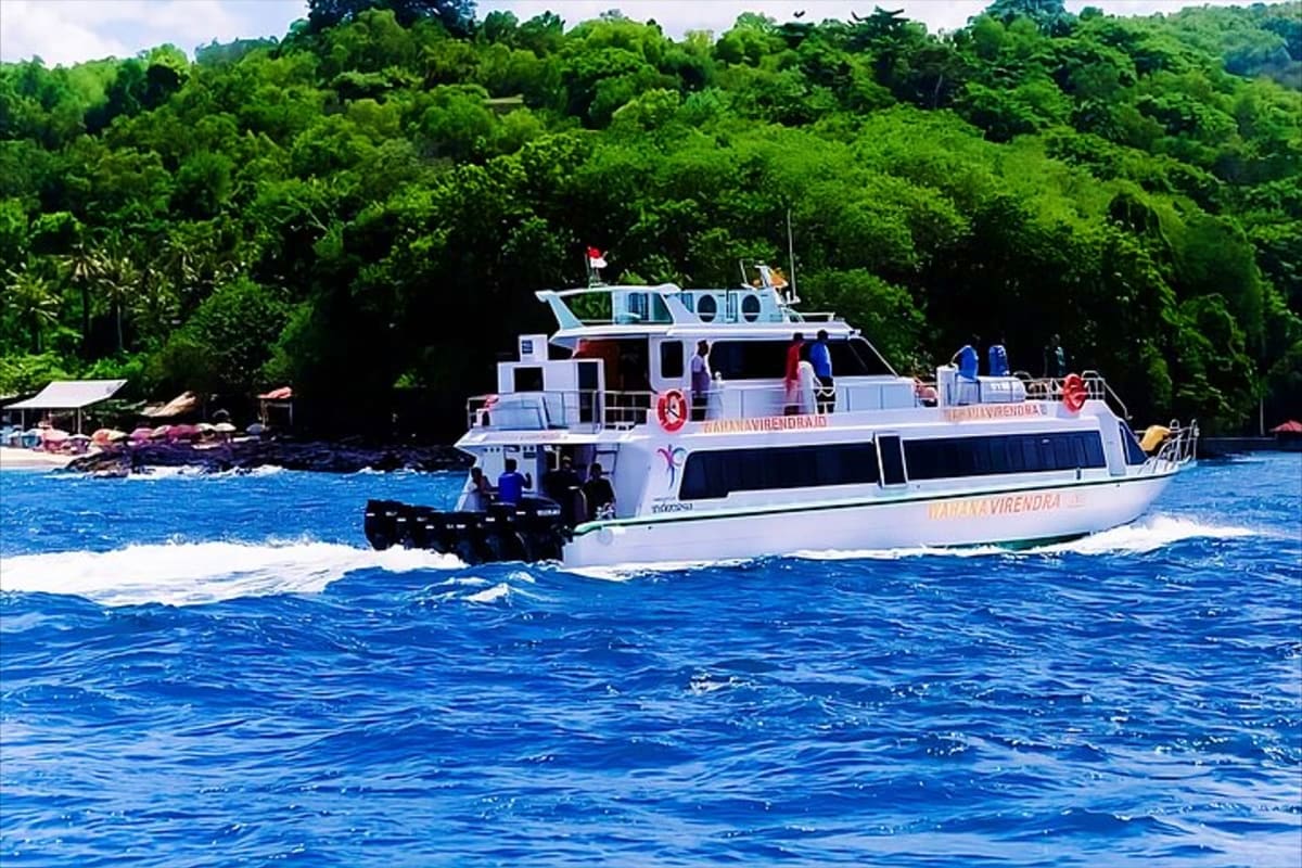 White and blue ferry boat carrying passengers approaching shore with dense green forest backdrop and blue ocean water