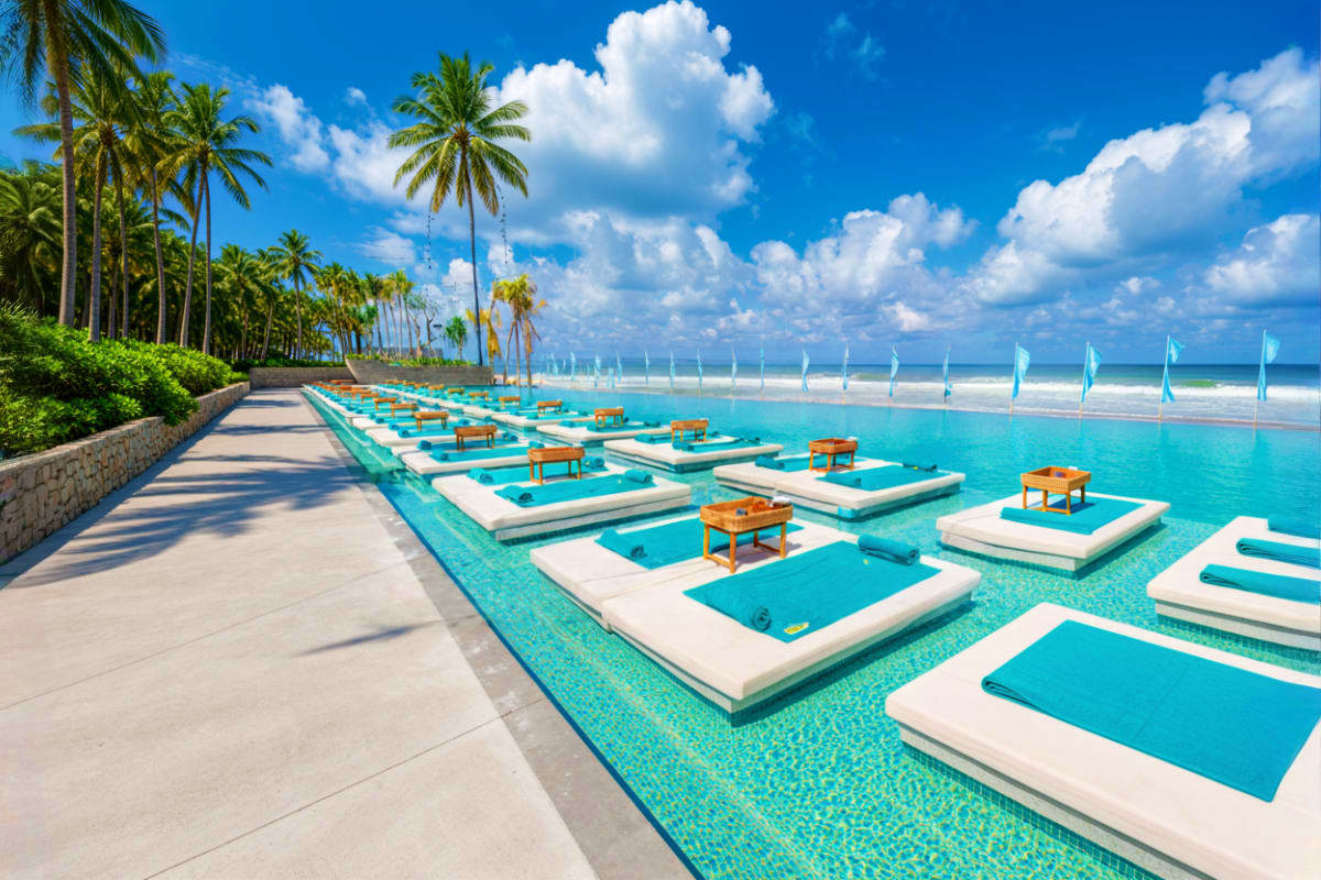 Luxury beach club with turquoise infinity pool, white lounge platforms with blue umbrellas, palm trees, and ocean view under 