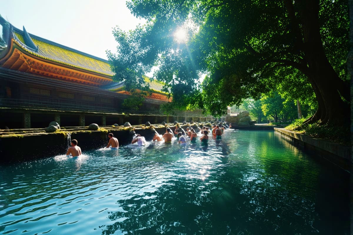 Tourists bathing in turquoise water at a traditional Asian temple with yellow-roofed architecture surrounded by lush green tr