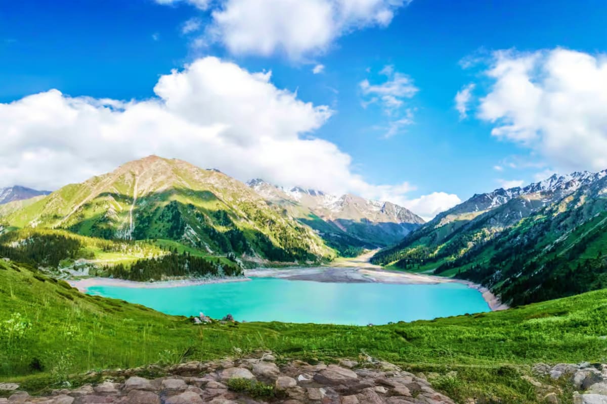 Turquoise mountain lake surrounded by snow-capped peaks, green valleys, and alpine forests under blue sky with white clouds