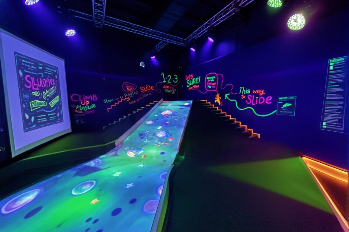 Interactive neon-lit gaming arcade room with illuminated floor panels, colorful wall signage, and projection screens at PlayL