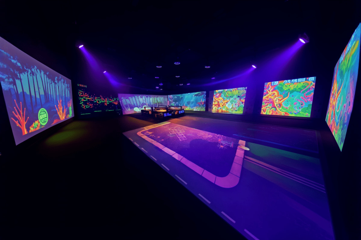 Interactive digital exhibition space with purple lighting, colorful wall displays, and illuminated floor interactive at PlayL