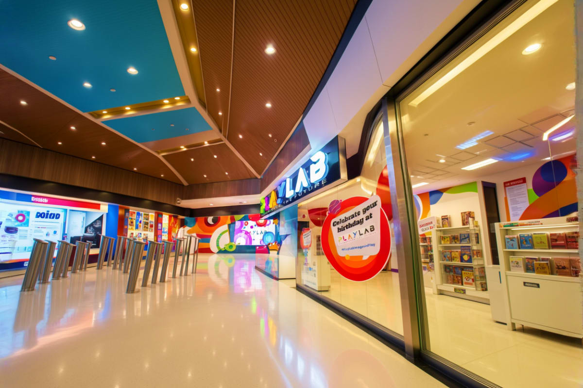 Modern PlayLab entertainment venue entrance at Robinsons Galleria with colorful signage, interactive displays, and contempora